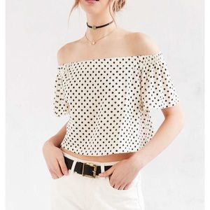 OU Kimchi Blue Polka Dot Off the Shoulder Blouse